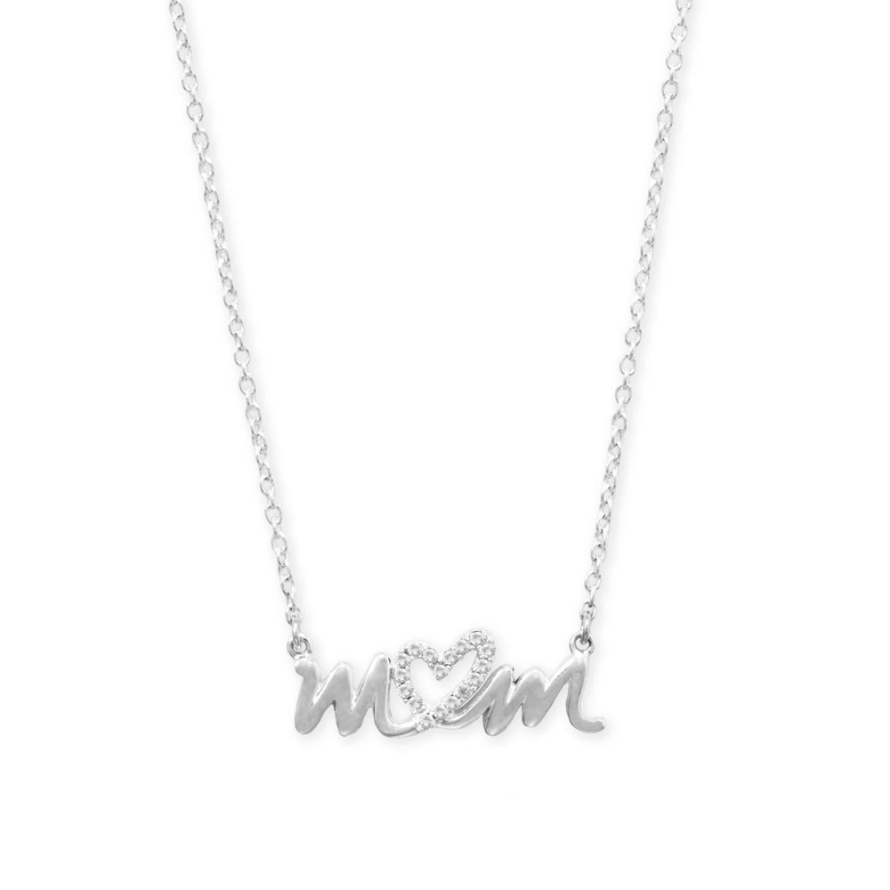 Sterling Silver CZ Heart "mom" Necklace 16” length + 2” extension